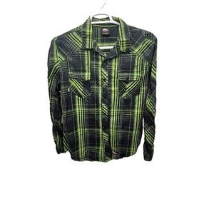 No Fear Button Up Shirt Adult Extra Large XL Green Plaid Cotton Mens Casual